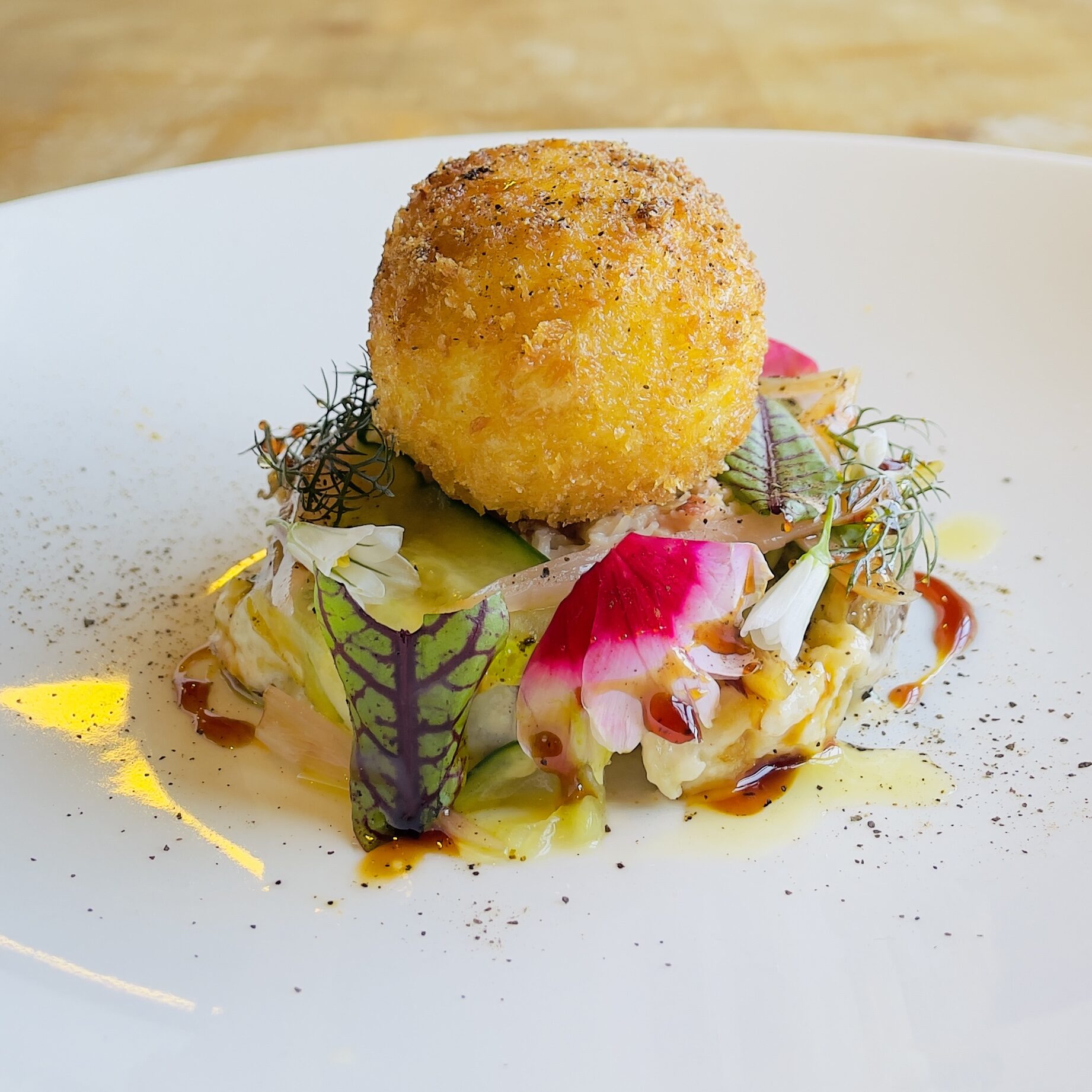 Crispy Cacklebean egg, crab potato salad, cucumber, nori (12)